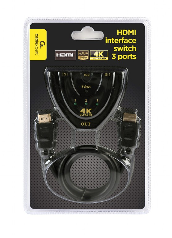 Перемикач HDMI-інтерфейсу Cablexpert HDMI - 3хHDMI V 1.4 (M/F), 0.5 м, чорний (DSW-HDMI-35) блістер